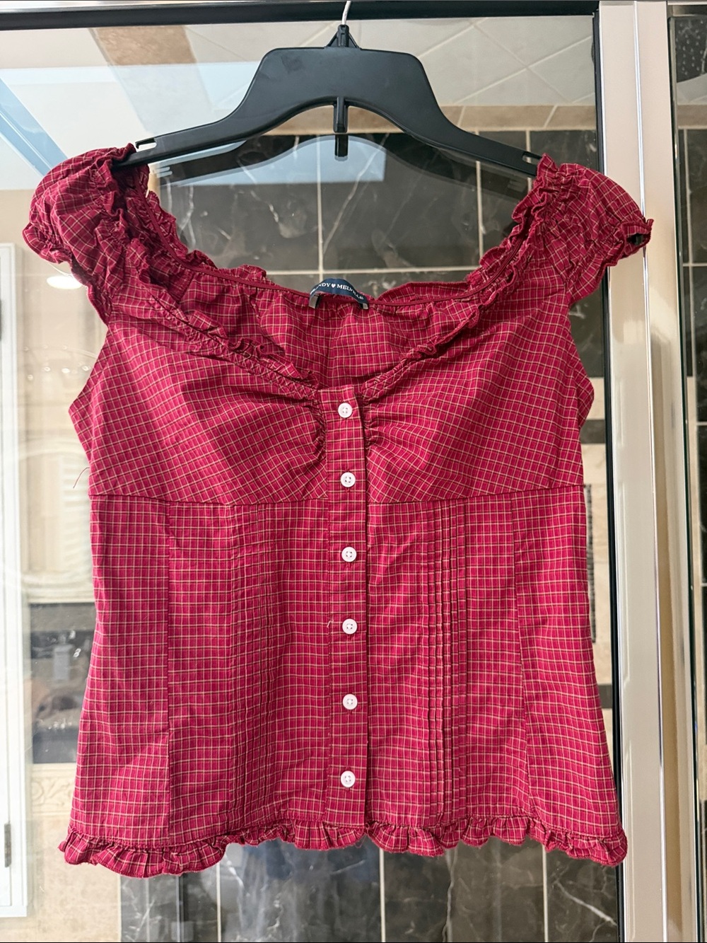 Brandy Melville Red Plaid Ruffle Button-Front Top
